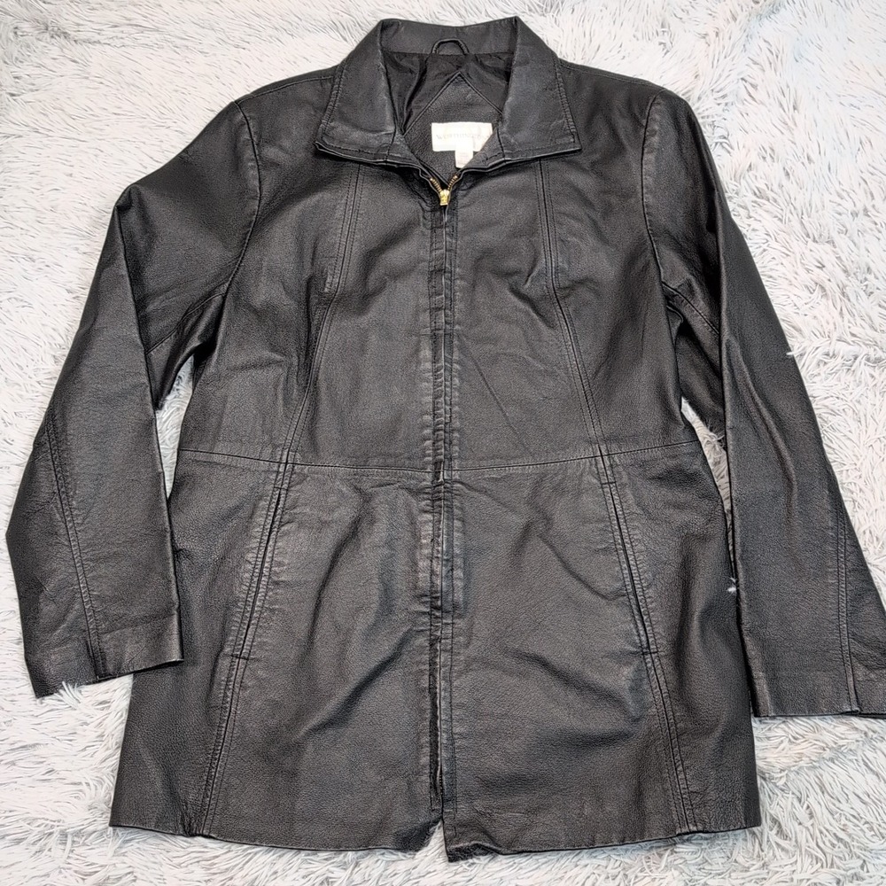 Worthington Jacket Womens L Black Leather Coat Zip Up Preppy Pockets Softshell